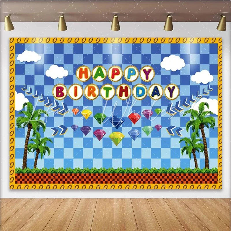 Lofaris Retro Video Game Happy Birthday Backdrop Blue Checkered Tropical Island and Gems Party Decor