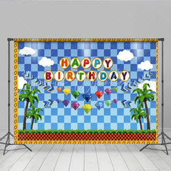 Lofaris Retro Video Game Happy Birthday Backdrop Blue Checkered Tropical Island and Gems Party Decor