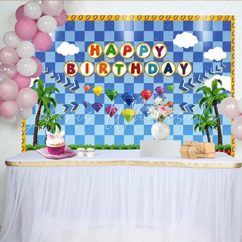 Lofaris Retro Video Game Happy Birthday Backdrop Blue Checkered Tropical Island and Gems Party Decor