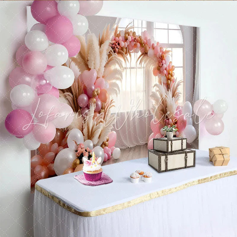 Lofaris Romantic Balloon Arch Backdrop Pink Balloons and Pampa Grass for Wedding Party
