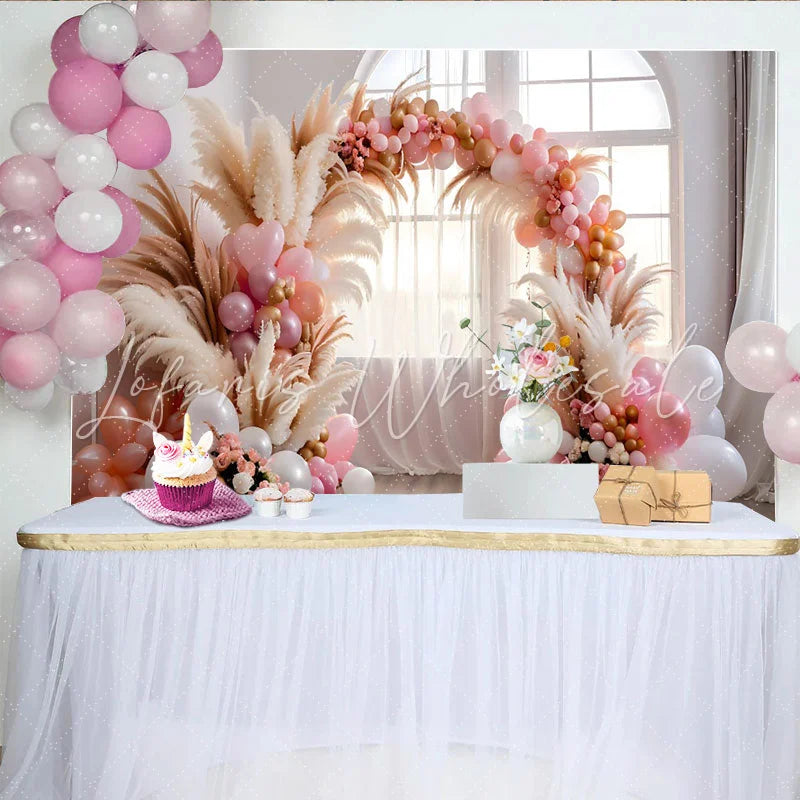 Lofaris Romantic Balloon Arch Backdrop Pink Balloons and Pampa Grass for Wedding Party