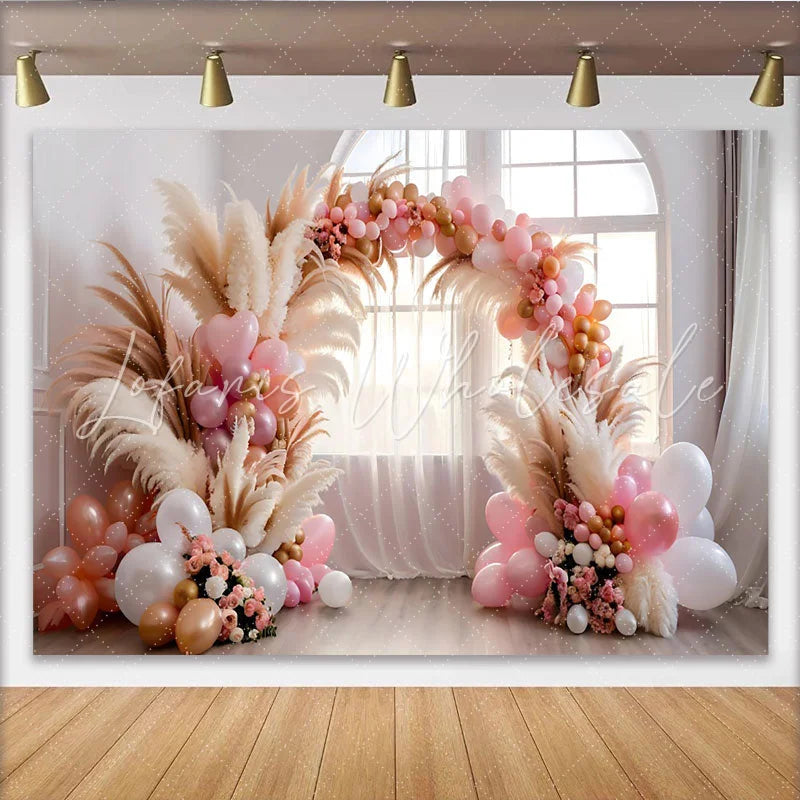 Lofaris Romantic Balloon Arch Backdrop Pink Balloons and Pampa Grass for Wedding Party