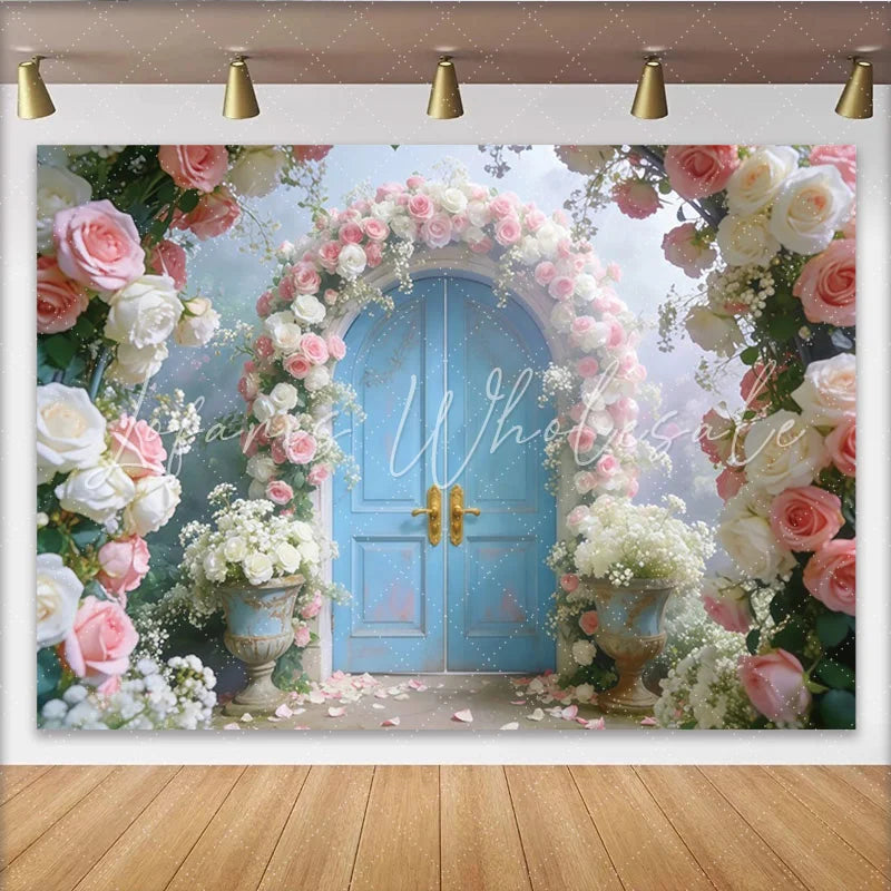 Lofaris Romantic Blue Door Floral Photography Backdrop with Pink and White Roses Elegant Garden Arch Background for Wedding