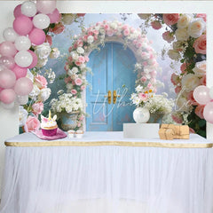 Lofaris Romantic Blue Door Floral Photography Backdrop with Pink and White Roses Elegant Garden Arch Background for Wedding
