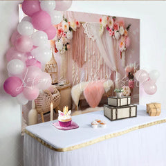 Lofaris Romantic Boho Macrame Photography Backdrop Pink Flowers and Candlelight Photo Background