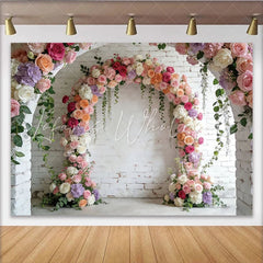 Lofaris Romantic Floral Arch Photography Backdrop for Wedding White Brick Wall Background for Bridal Shower