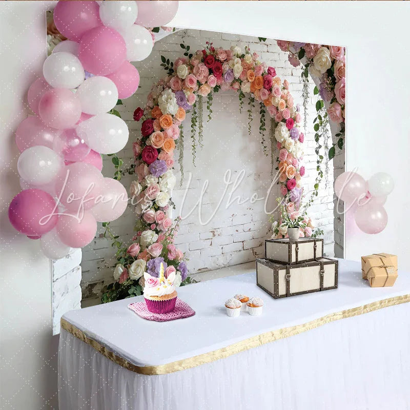 Lofaris Romantic Floral Arch Photography Backdrop for Wedding White Brick Wall Background for Bridal Shower