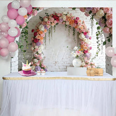 Lofaris Romantic Floral Arch Photography Backdrop for Wedding White Brick Wall Background for Bridal Shower