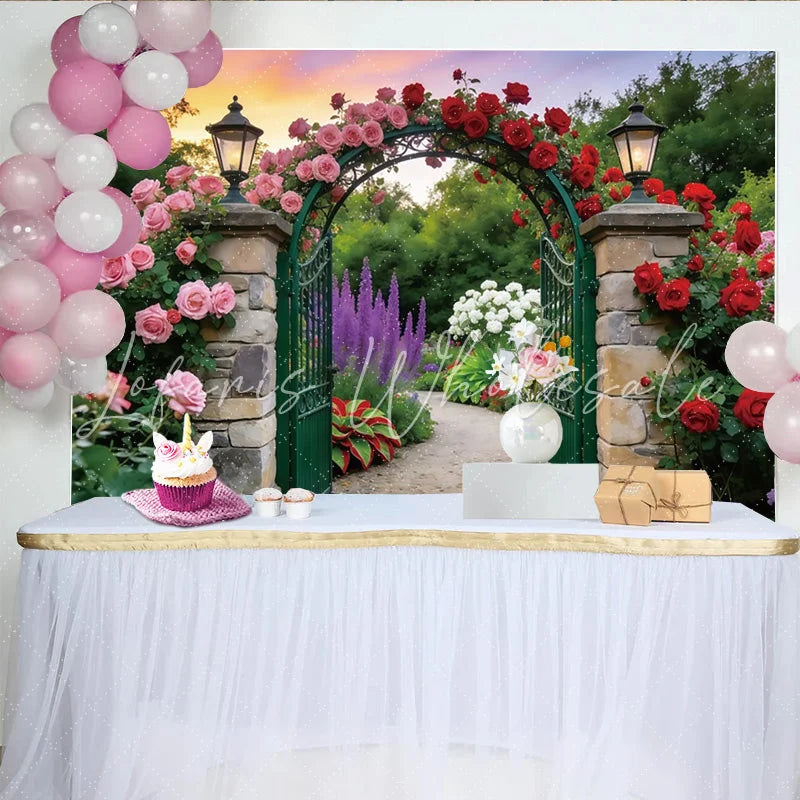 Lofaris Romantic Garden Floral Photography Backdrop with Stone Arch and Roses Elegant Nature Background for Studio Photoshoot