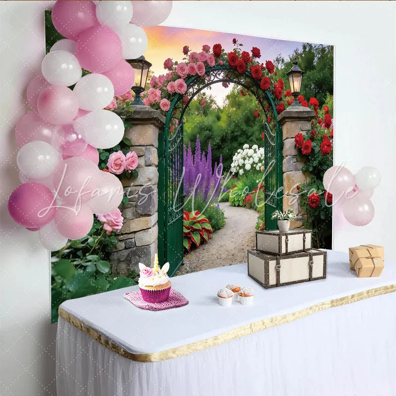 Lofaris Romantic Garden Floral Photography Backdrop with Stone Arch and Roses Elegant Nature Background for Studio Photoshoot