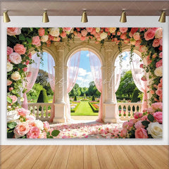 Lofaris Romantic Garden Wedding Backdrop with Pink Roses and Arches Elegant Floral Photography Background for Bridal Shower or Party