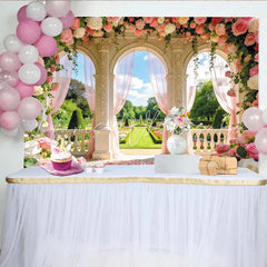Lofaris Romantic Garden Wedding Backdrop with Pink Roses and Arches Elegant Floral Photography Background for Bridal Shower or Party