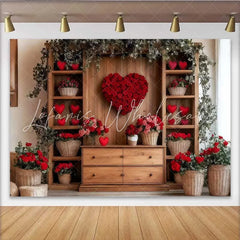 Lofaris Romantic Heart Rose Backdrop Wooden Wall with Red Rose Heart and Floral Decor Banner