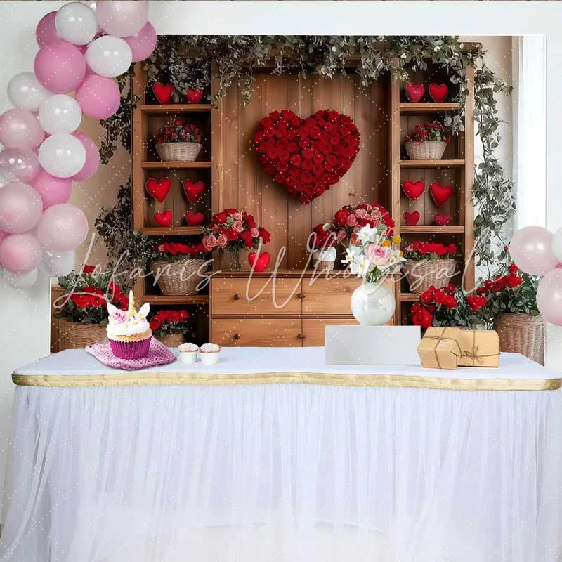 Lofaris Romantic Heart Rose Backdrop Wooden Wall with Red Rose Heart and Floral Decor Banner