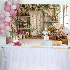 Lofaris Romantic Pink and White Floral Garden Photography Backdrop with Rustic Door and Window Elegant Studio Background for Photoshoot