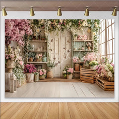 Lofaris Romantic Pink and White Floral Garden Photography Backdrop with Rustic Door and Window Elegant Studio Background for Photoshoot