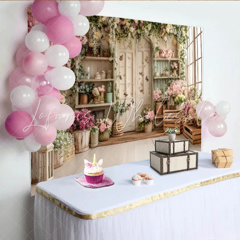 Lofaris Romantic Pink and White Floral Garden Photography Backdrop with Rustic Door and Window Elegant Studio Background for Photoshoot