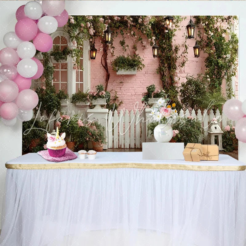 Lofaris Romantic Pink Garden Photography Backdrop with Climbing Roses Charming Outdoor Scene Background for Photoshoot