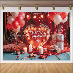 Lofaris Romantic Red and White Happy Valentine’s Day Party Backdrop with Wooden Heart Sign and Fairy Lights