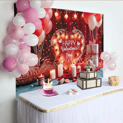 Lofaris Romantic Red and White Happy Valentine’s Day Party Backdrop with Wooden Heart Sign and Fairy Lights