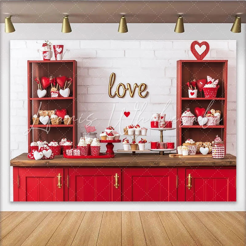 Lofaris Romantic Red and White Hearts Party Backdrop with Gold Love Sign Valentine’s Day Celebration Decor