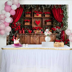 Lofaris Romantic Red Curtain Backdrop Wooden Shelf with Hearts and Red Rose Gift Boxes Banner