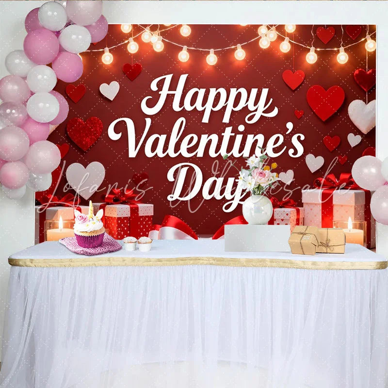 Lofaris Romantic Red Happy Valentine’s Day Party Backdrop Featuring Hearts String Lights and Gift Boxes