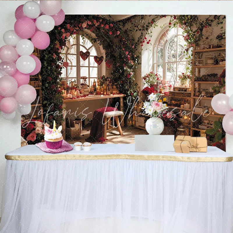 Lofaris Romantic Red Rose and Vine Arched Window Photography Backdrop Elegant Indoor Scene for Valentine’s Day