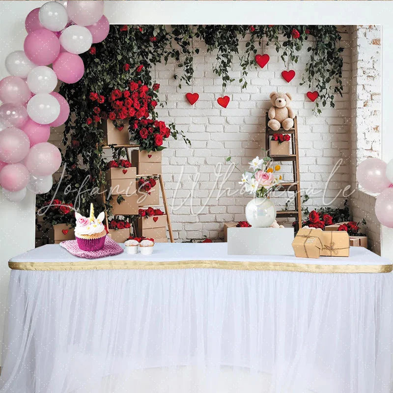 Lofaris Romantic Red Roses and Green Vines Holiday Backdrop White Brick Wall with Hearts and Teddy Bears for Valentine’s Day