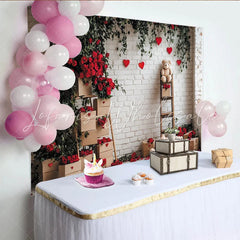 Lofaris Romantic Red Roses and Green Vines Holiday Backdrop White Brick Wall with Hearts and Teddy Bears for Valentine’s Day