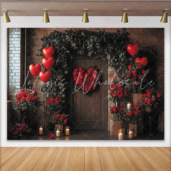 Lofaris Romantic Red Roses Heart Wreath Holiday Backdrop Rustic Wooden Door with Greenery Balloons and Candles