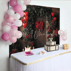 Lofaris Romantic Red Roses Heart Wreath Holiday Backdrop Rustic Wooden Door with Greenery Balloons and Candles