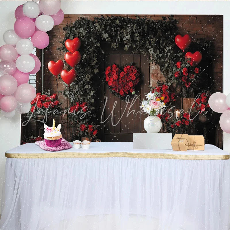 Lofaris Romantic Red Roses Heart Wreath Holiday Backdrop Rustic Wooden Door with Greenery Balloons and Candles