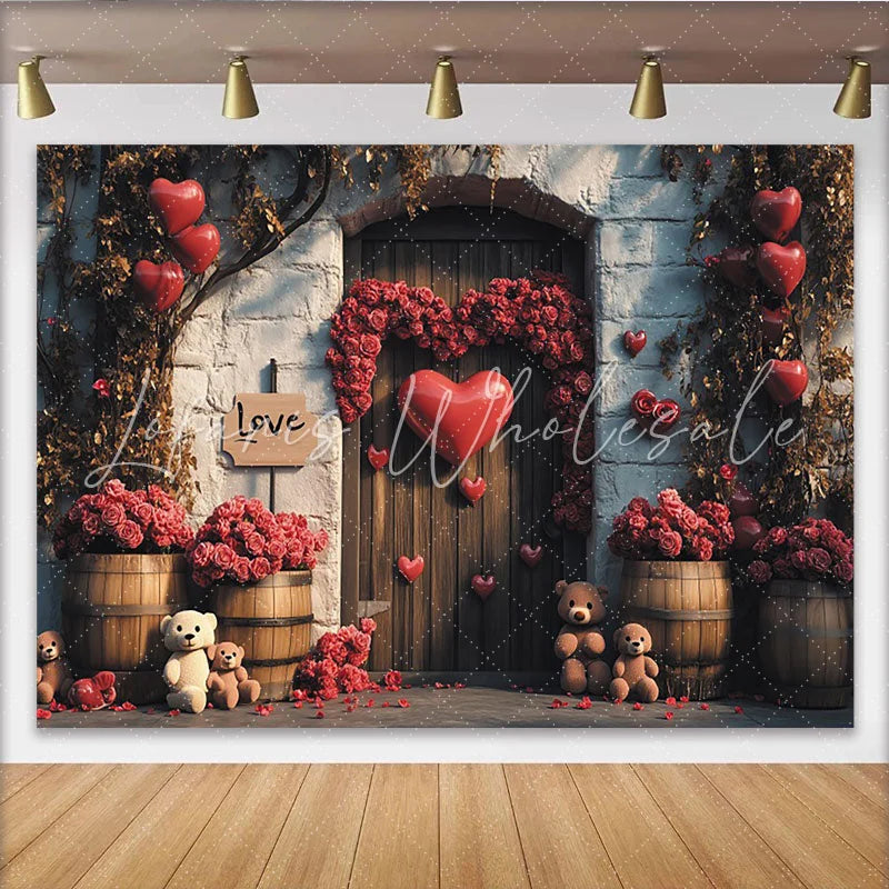 Lofaris Romantic Red Roses Valentines Day Backdrop with Heart Balloons Love Sign Sweet Teddy Bear Photo Background for Event Decor