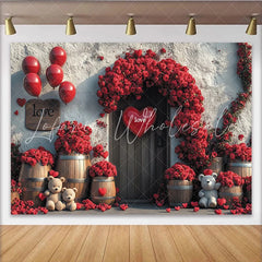 Lofaris Romantic Red Roses Valentines Day Backdrop with Love Hearts and Teddy Bears Rustic Wooden Door Background for Couple Photoshoot