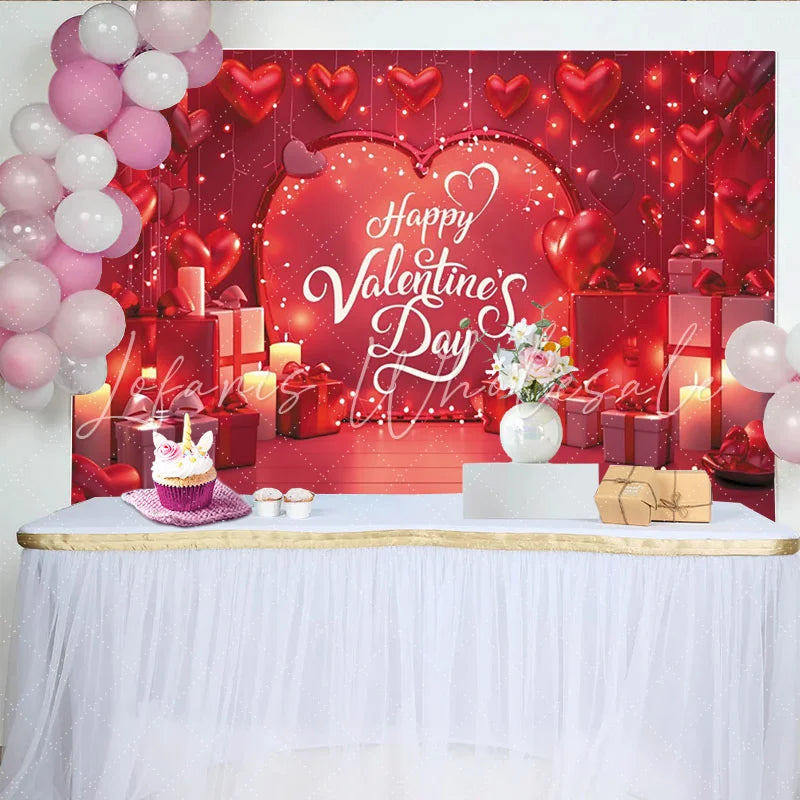 Lofaris Romantic Red Valentine’s Day Party Backdrop featuring Heart Balloons String Lights and Gift Boxes Decor