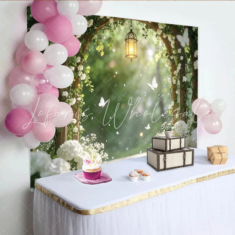Lofaris Romantic White Floral Arch Photography Backdrop with Lantern Elegant Garden Background for Wedding and Studio Photoshoot