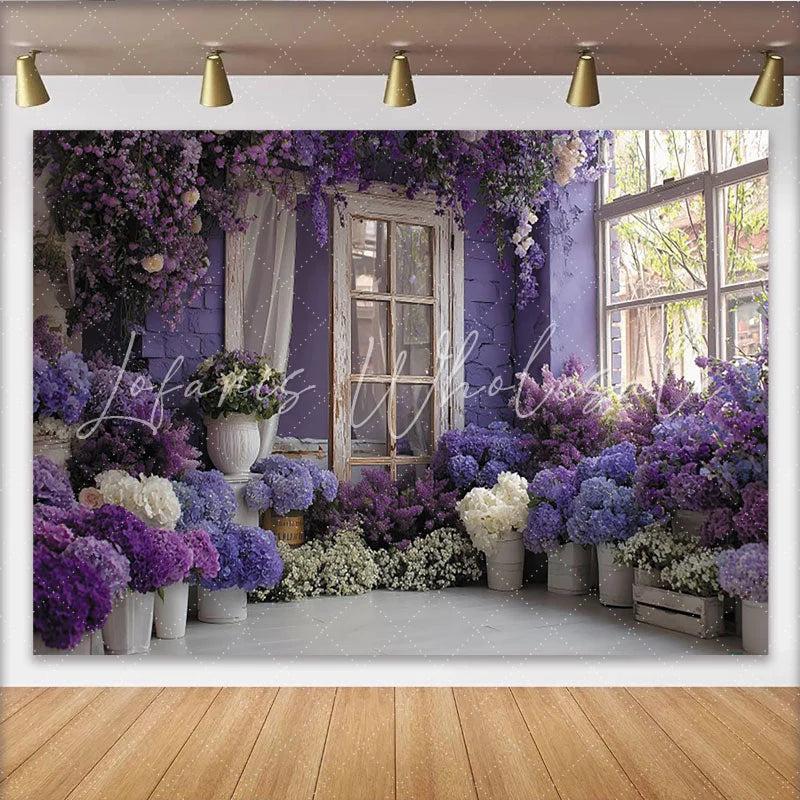 Lofaris Romantischer lila Blumen-Fenster-Ziegelwand-Hintergrund für Hochzeiten Babypartys und elegante Fotoshootings
