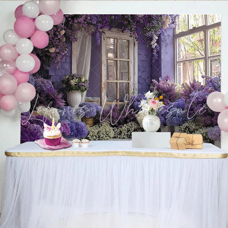 Lofaris Romantischer lila Blumen-Fenster-Ziegelwand-Hintergrund für Hochzeiten Babypartys und elegante Fotoshootings