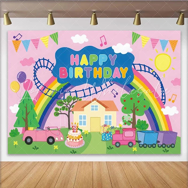 Lofaris Rosa Regenbogen Zug Auto Kuchen Ballons Partyhintergrund für Kindergeburtstag und Fotostudio-Requisiten