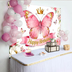 Lofaris Rosa Schmetterling-Hintergrund mit Goldkrone Fotokulisse für Kindergeburtstage florale Partydekoration