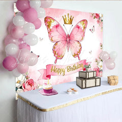 Lofaris Rosa Schmetterling Krone Glitzer Blumen Geburtstag Partyhintergrund für Mädchen Geburtstagsfeier Fotostudio-Requisiten