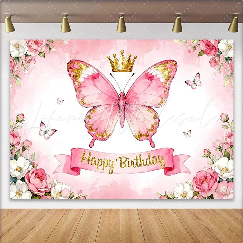 Lofaris Rosa Schmetterling Krone Glitzer Blumen Geburtstag Partyhintergrund für Mädchen Geburtstagsfeier Fotostudio-Requisiten