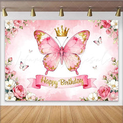 Lofaris Rosa Schmetterling Krone Glitzer Blumen Geburtstag Partyhintergrund für Mädchen Geburtstagsfeier Fotostudio-Requisiten