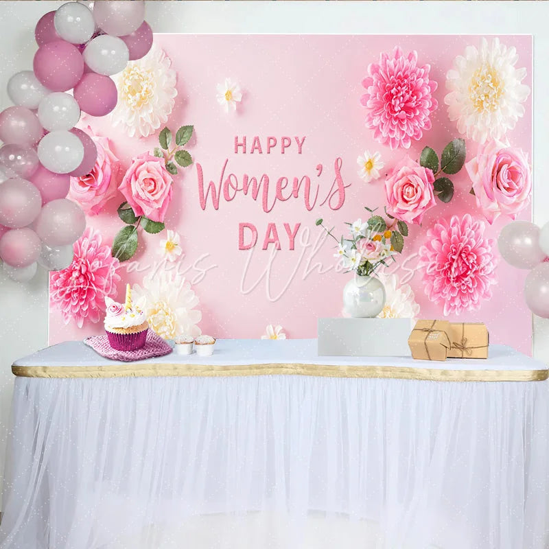 Lofaris Rose and Chrysanthemum Womens Day Backdrop Pink Flower Flat Lay International Womens Day Banner