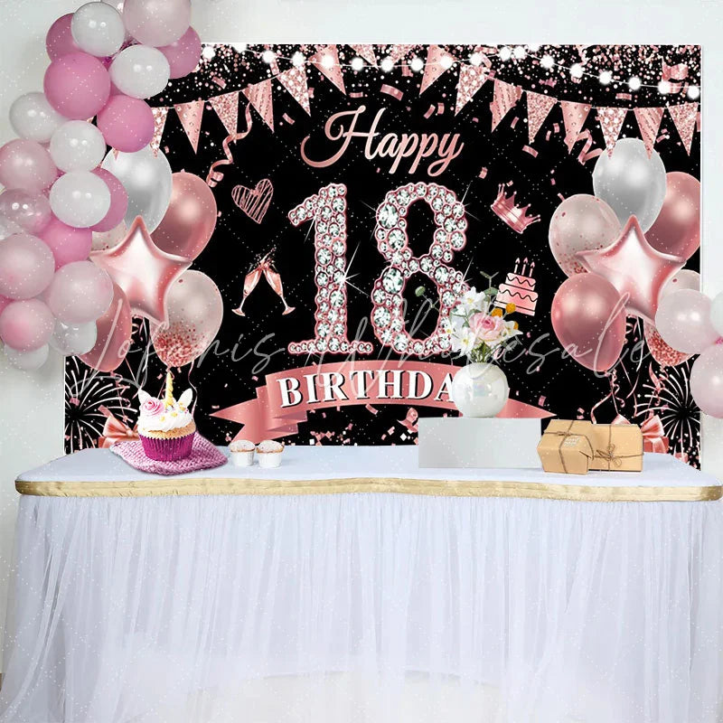 Lofaris Rose Gold 18th Birthday Backdrop Diamond Numbers and Pink Balloon Background Milestone Anniversary Decor