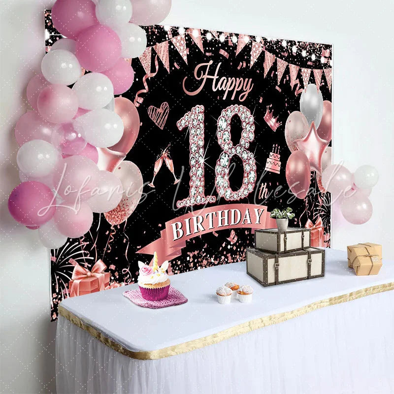 Lofaris Rose Gold 18th Birthday Backdrop Diamond Numbers and Pink Balloon Background Milestone Anniversary Decor