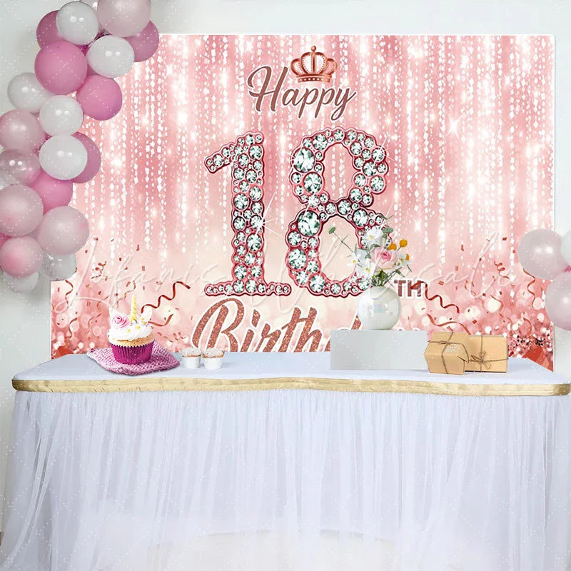 Lofaris Rose Gold 18th Happy Birthday Backdrop Pink Diamond Numbers and Glitter Background 18th Birthday Banner