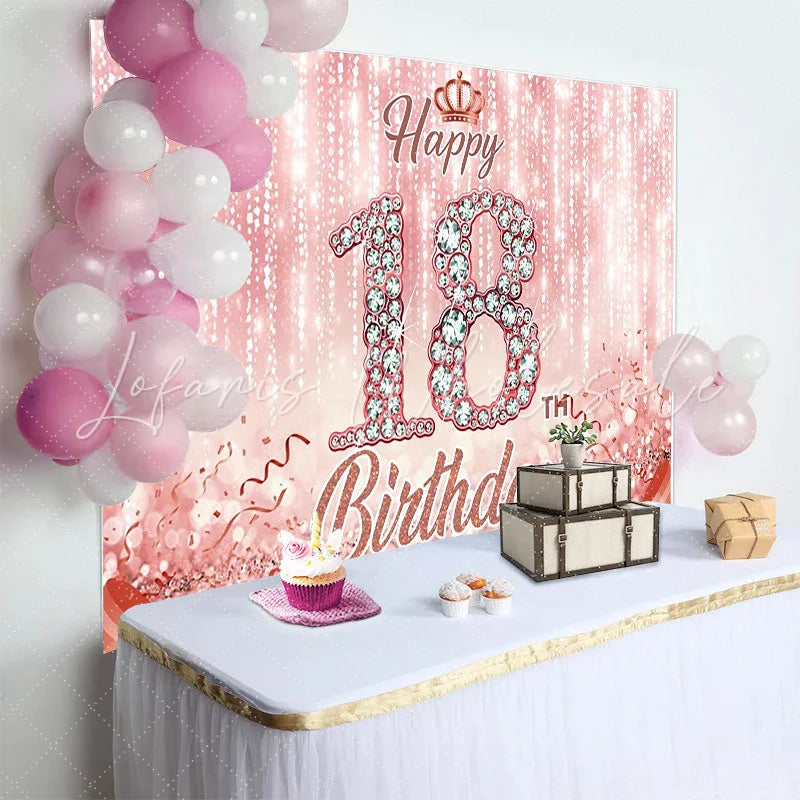 Lofaris Rose Gold 18th Happy Birthday Backdrop Pink Diamond Numbers and Glitter Background 18th Birthday Banner