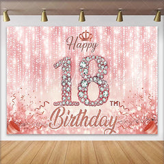 Lofaris Rose Gold 18th Happy Birthday Backdrop Pink Diamond Numbers and Glitter Background 18th Birthday Banner